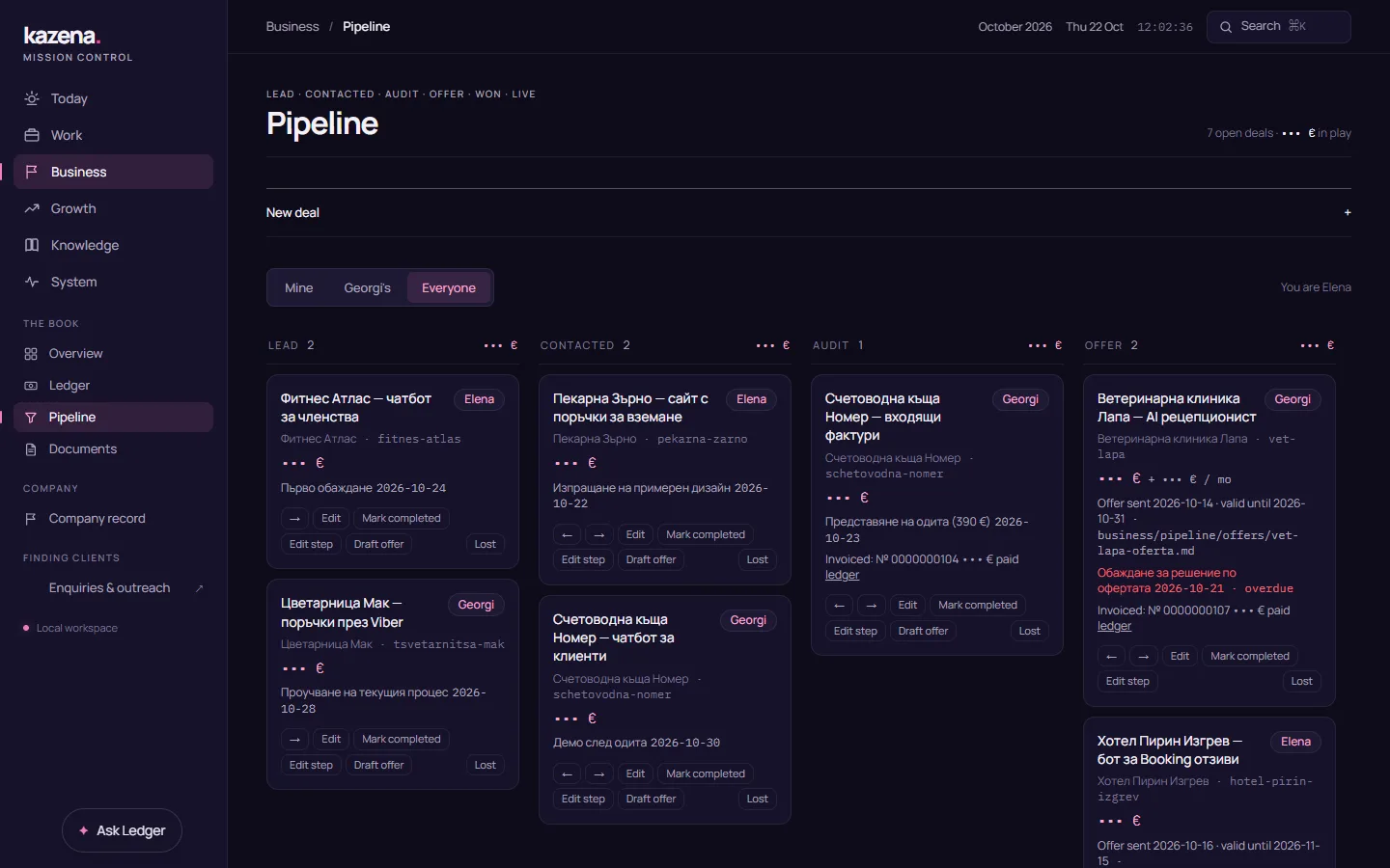 CRM board with deals by stage, with sample businesses