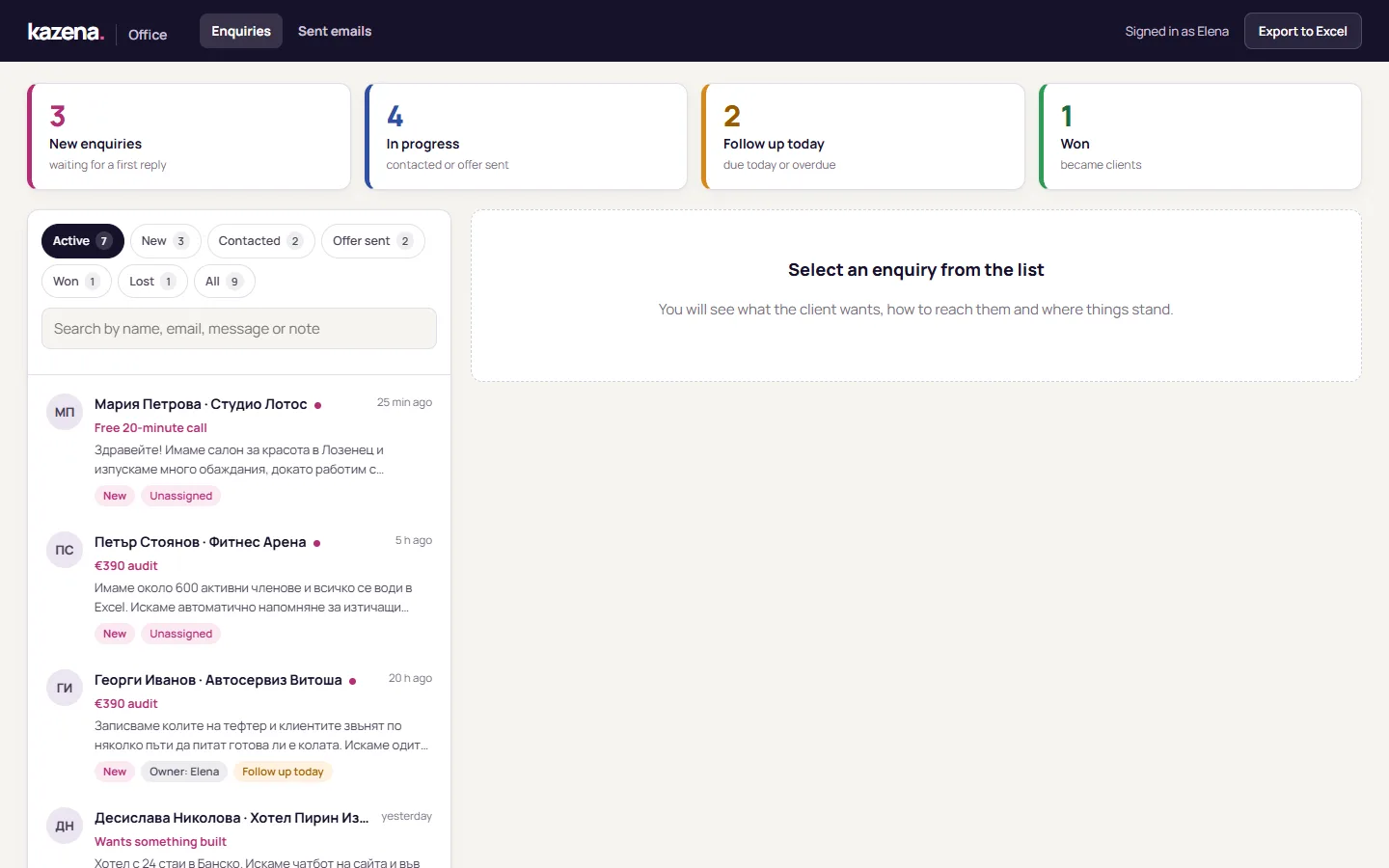 The back office: website enquiries with their status, with sample data